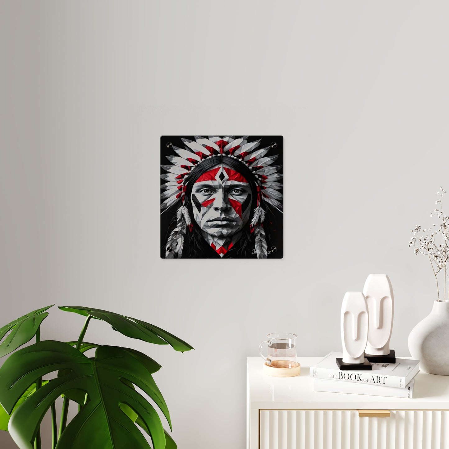 Acrylic Wall Art Panel — Geometric Indigenous Warrior Portrait (Red & Black)