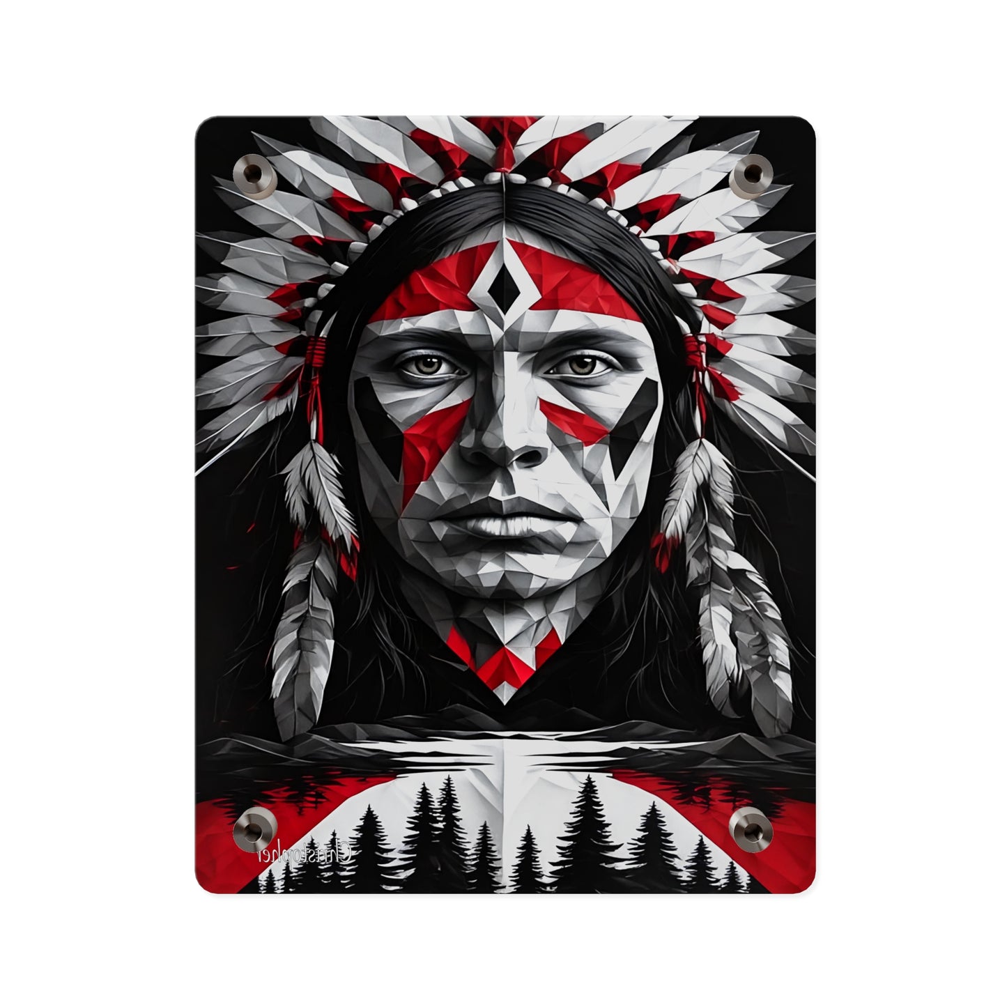Acrylic Wall Art Panel — Geometric Indigenous Warrior Portrait (Red & Black)