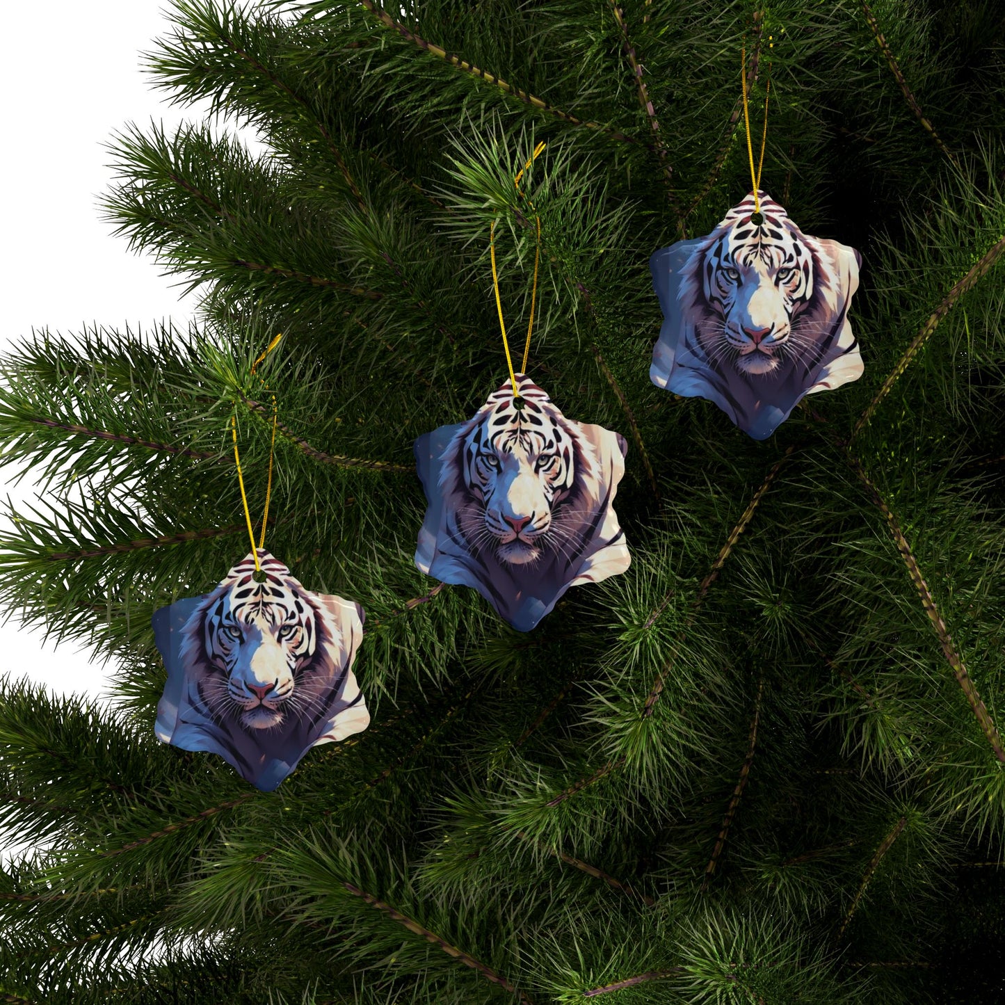 White Tiger Ceramic Ornament — Double-Sided Wildlife Holiday Decoration