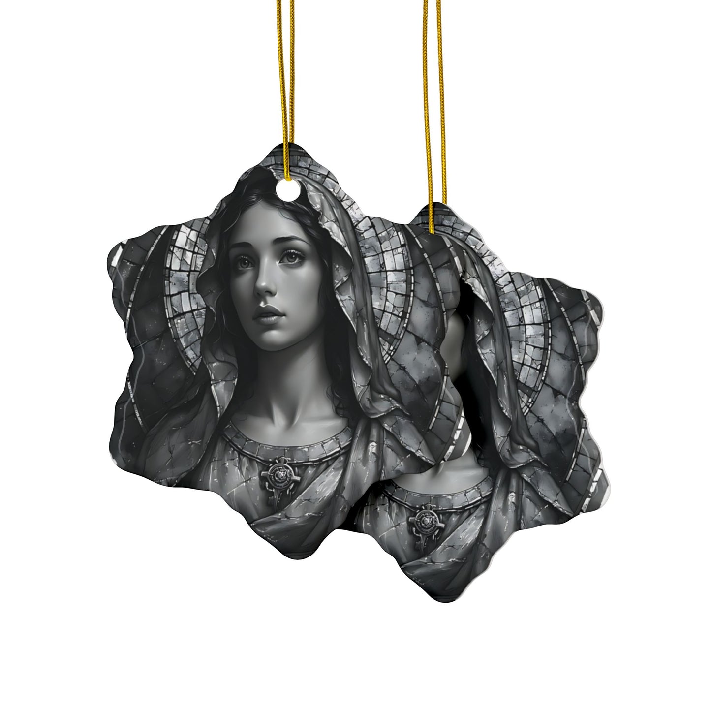 Virgin Mary Ceramic Ornament — Two-Sided Religious Christmas Keepsake