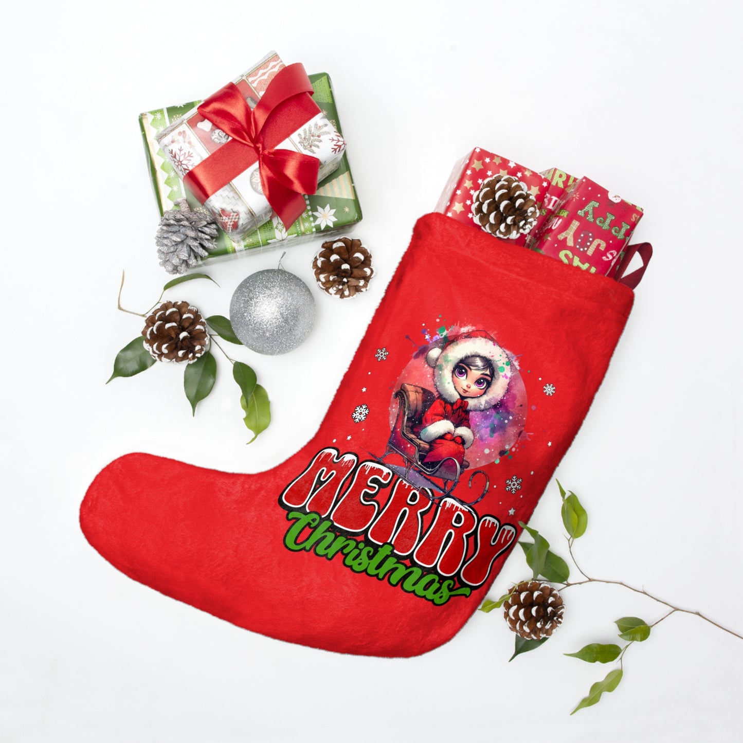 Red Christmas Stocking with Cute Santa Girl Illustration — "Merry Christmas" Holiday Stocking