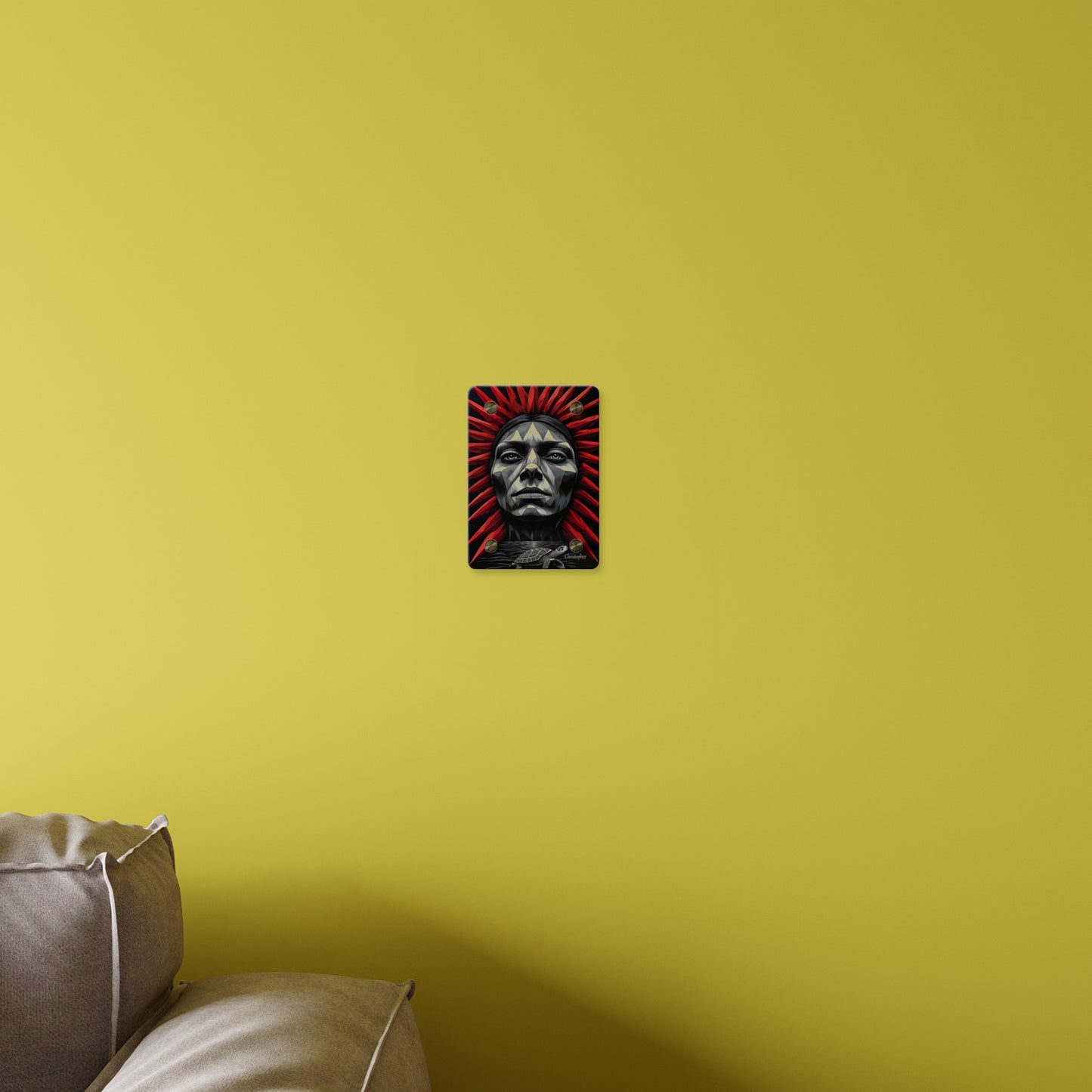 Acrylic Wall Art Panel — Geometric Tribal Face with Red Feather Headdress