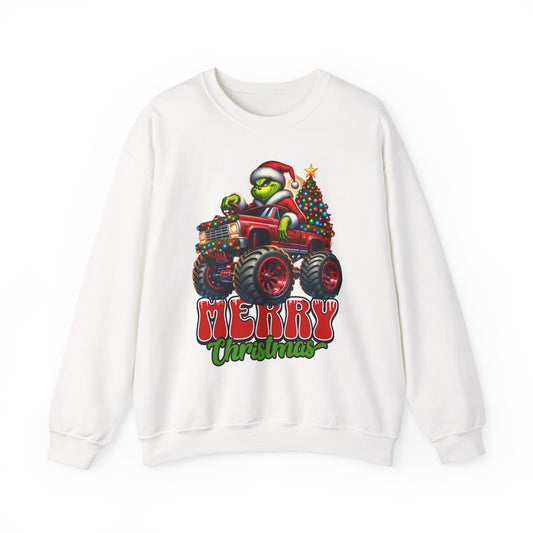 Christmas Monster Truck Sweatshirt — 'Merry Christmas' Grinch Driver Design
