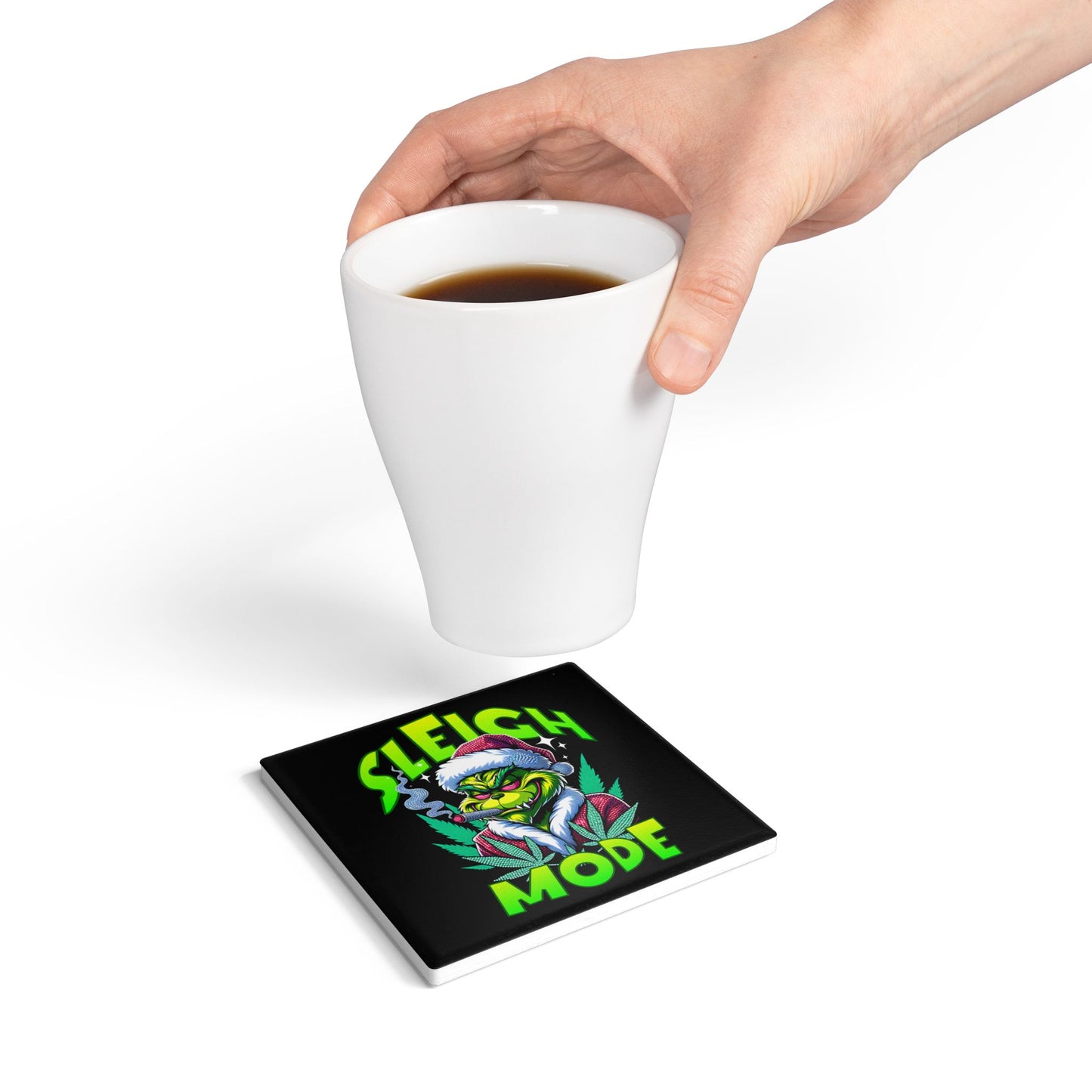 Sleigh Mode Ceramic Coaster — Grinch Santa with Cannabis Holiday Coaster