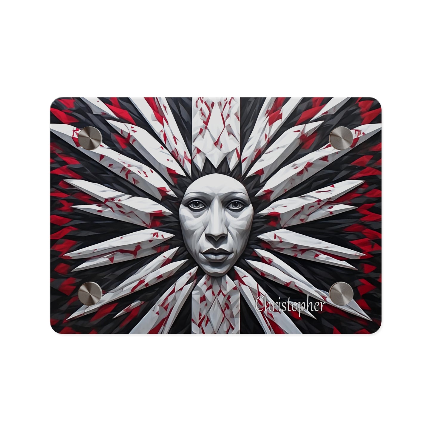 Acrylic Wall Art Panel — Surreal Sunburst Face with Red & Black Feather Design