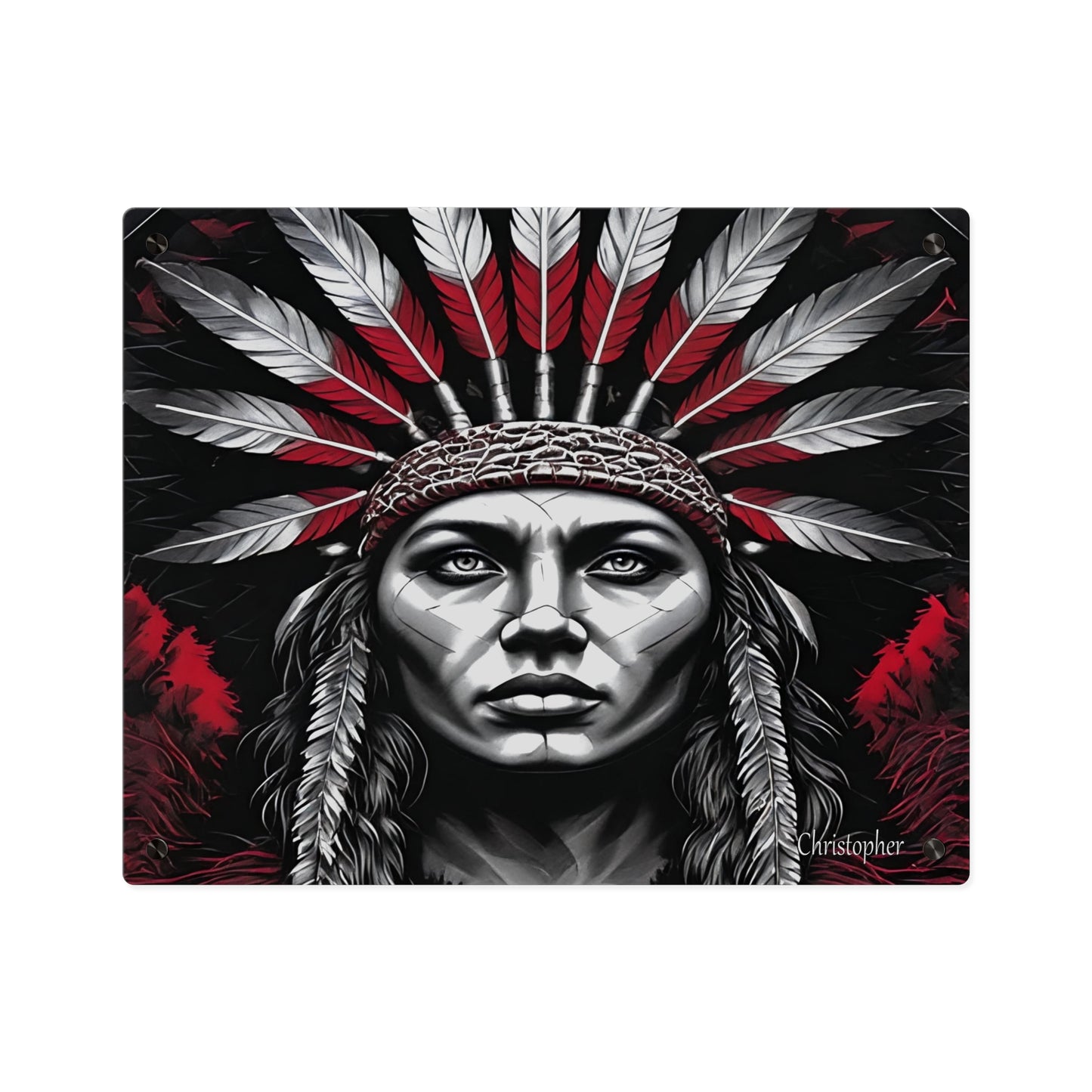 Acrylic Wall Art Panel — Bold Native Chief Portrait in Red & Black