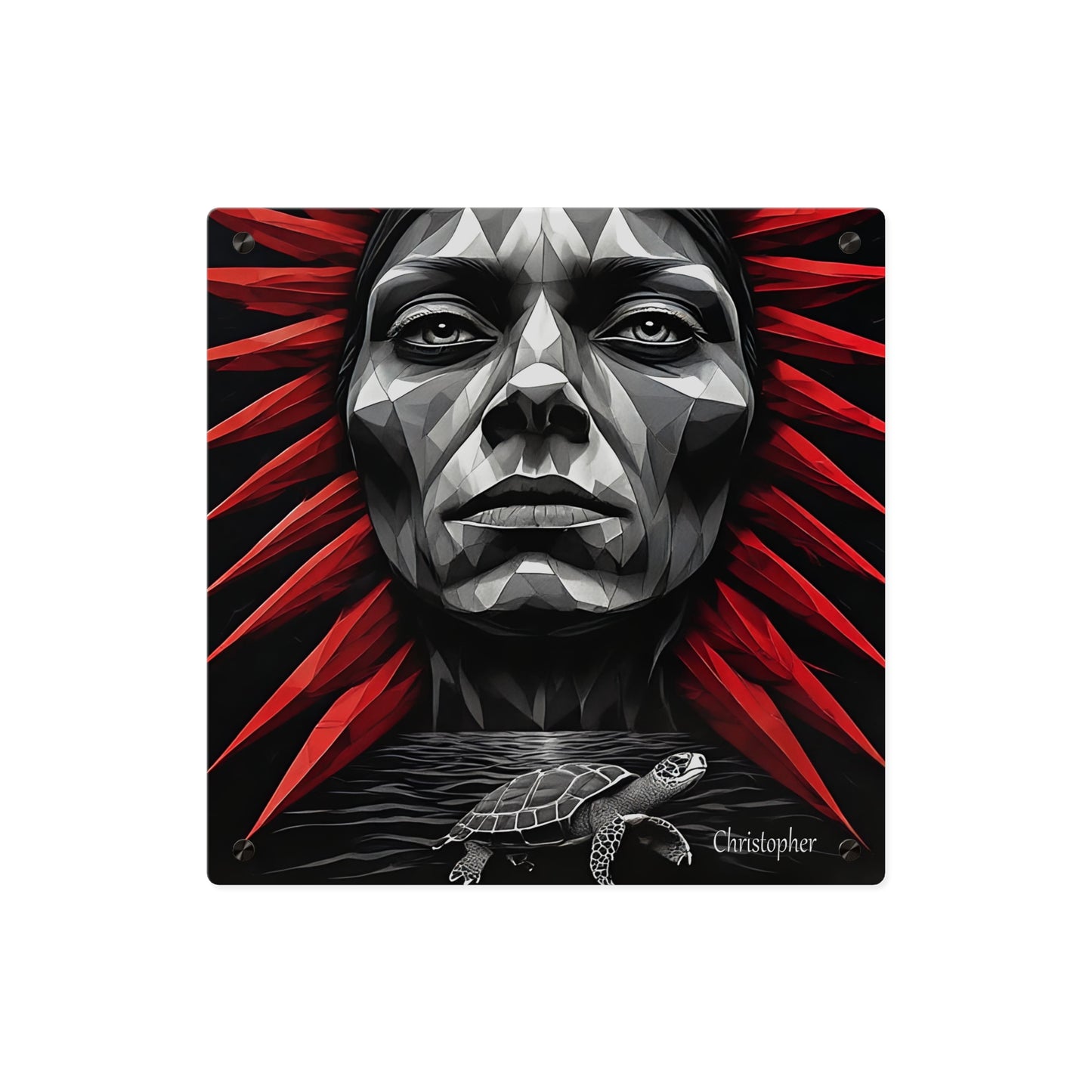Acrylic Wall Art Panel — Geometric Tribal Face with Red Feather Headdress