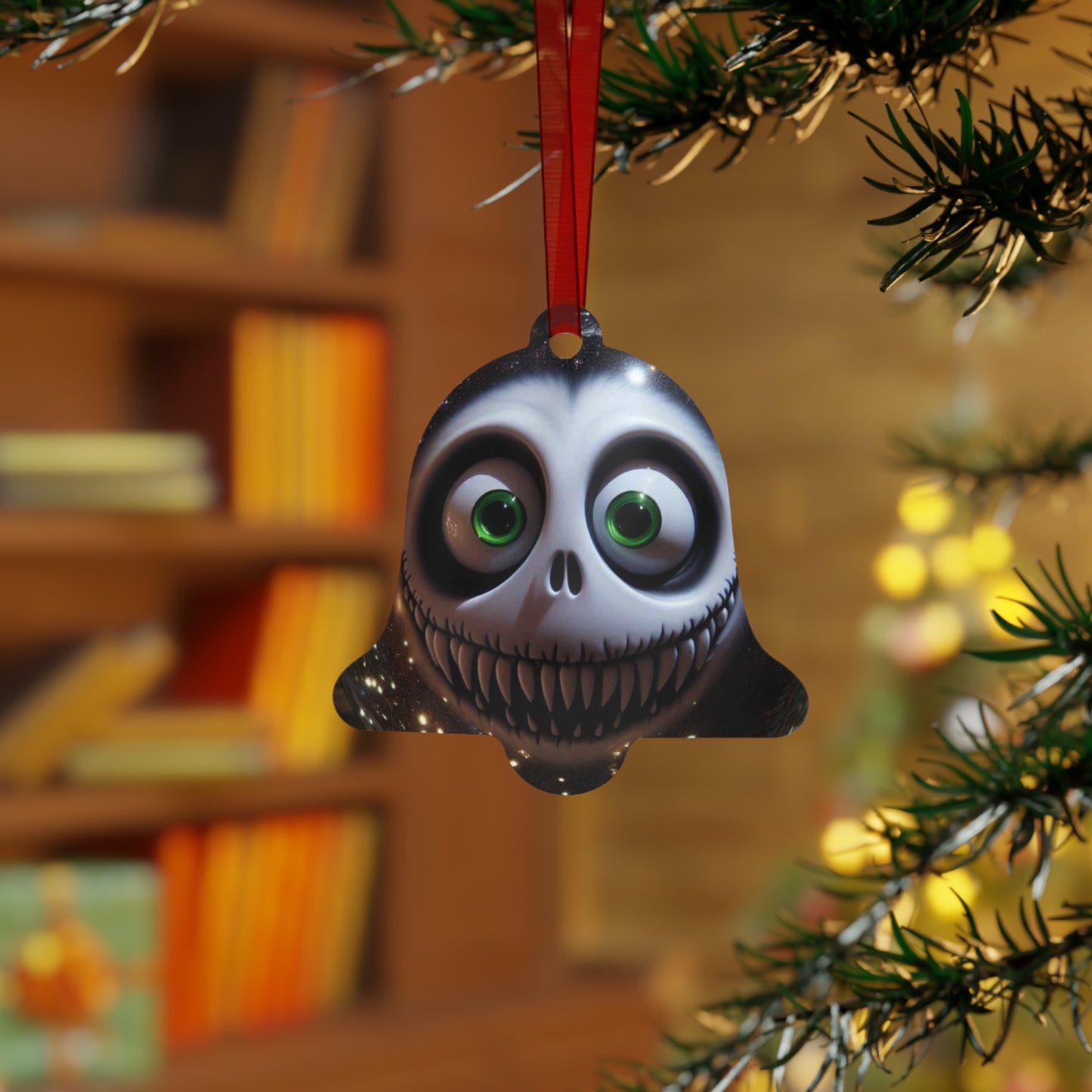 Creepy Smiling Skull Metal Ornament — Gothic Holiday Bell Decoration