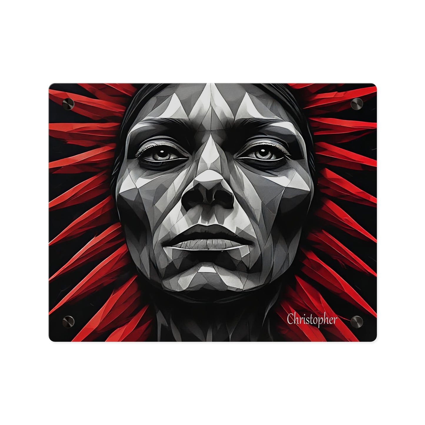 Acrylic Wall Art Panel — Geometric Tribal Face with Red Feather Headdress