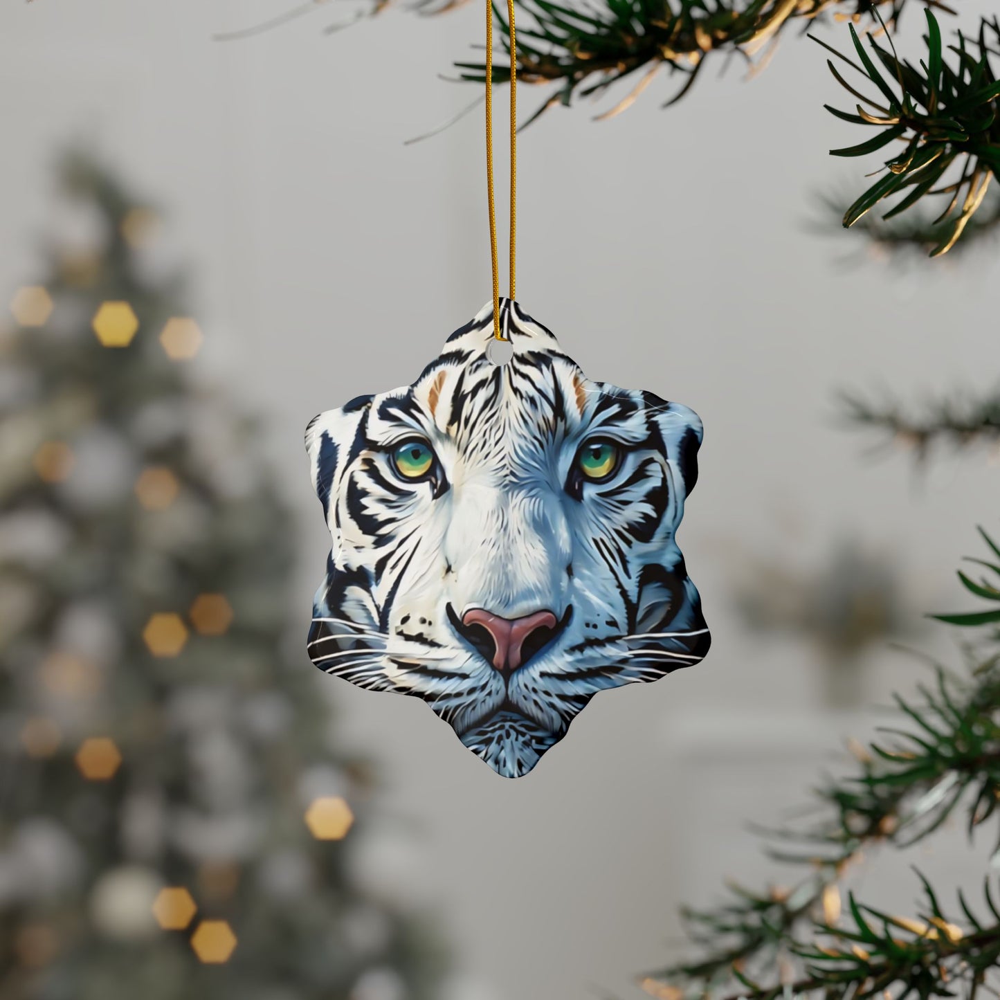 White Tiger Ceramic Ornament — Two-Sided Round Holiday Decoration