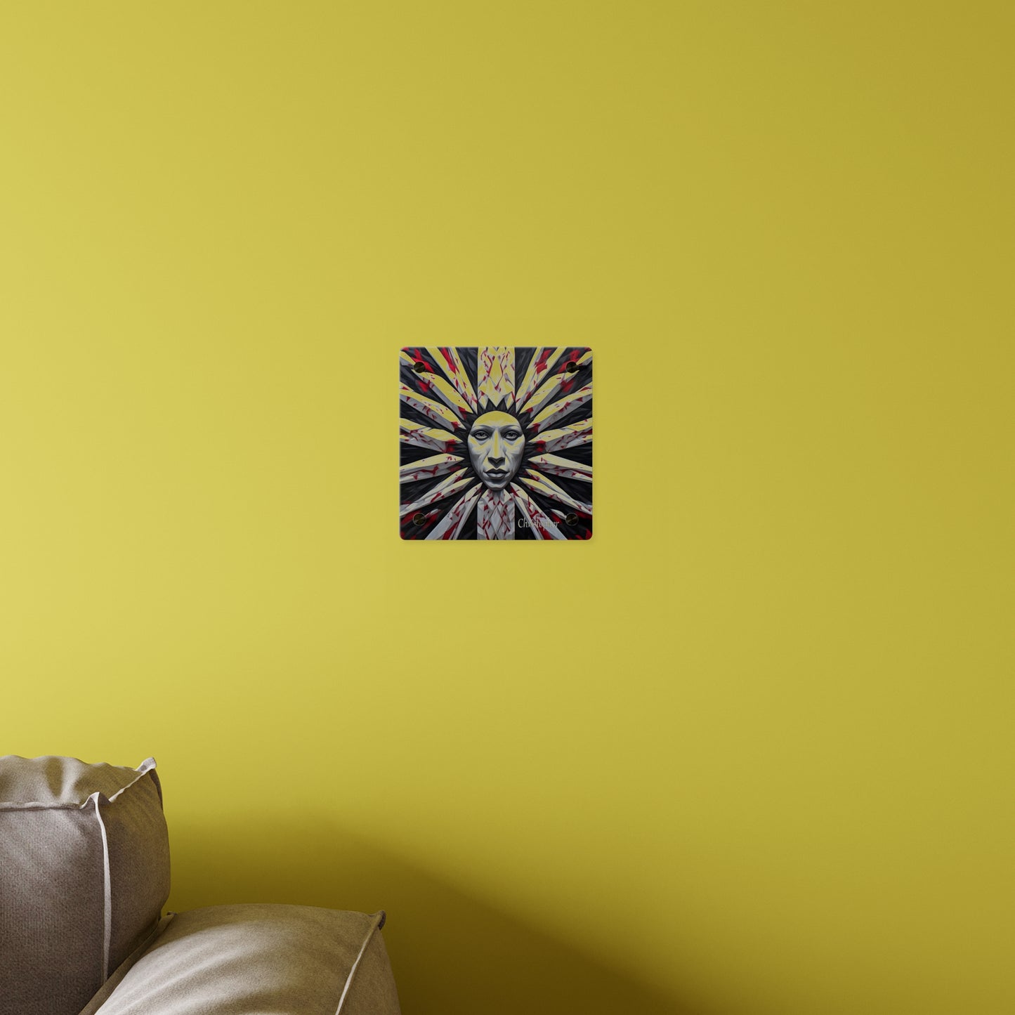 Acrylic Wall Art Panel — Surreal Sunburst Face with Red & Black Feather Design