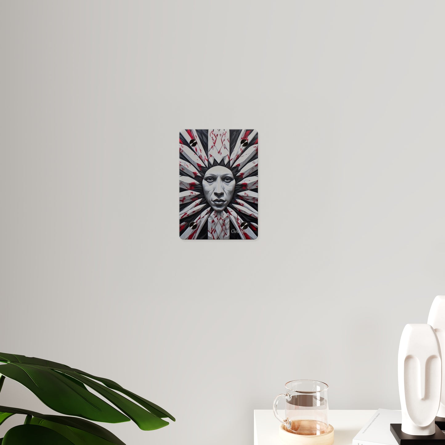 Acrylic Wall Art Panel — Surreal Sunburst Face with Red & Black Feather Design
