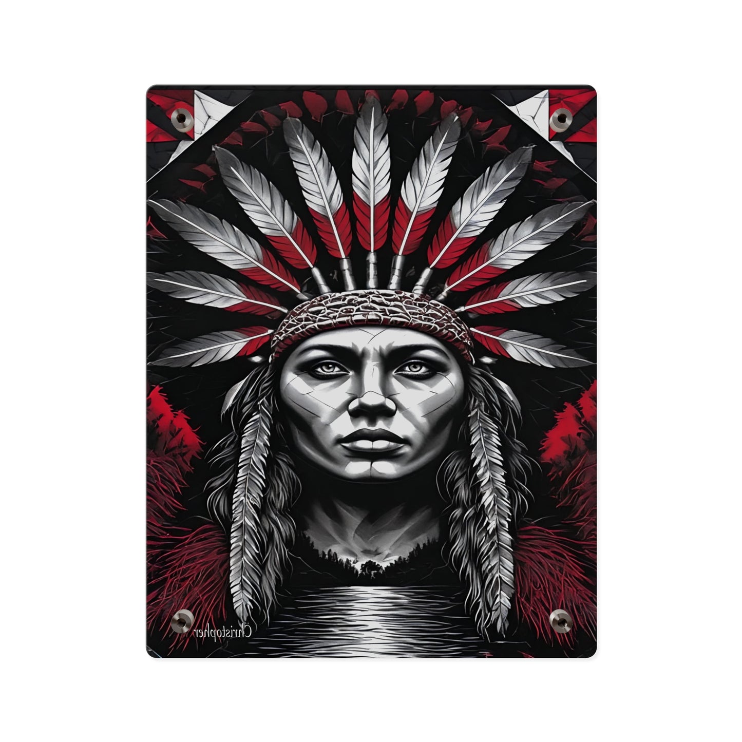 Acrylic Wall Art Panel — Bold Native Chief Portrait in Red & Black