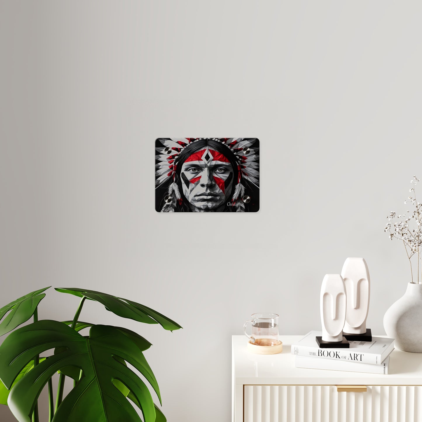 Acrylic Wall Art Panel — Geometric Indigenous Warrior Portrait (Red & Black)