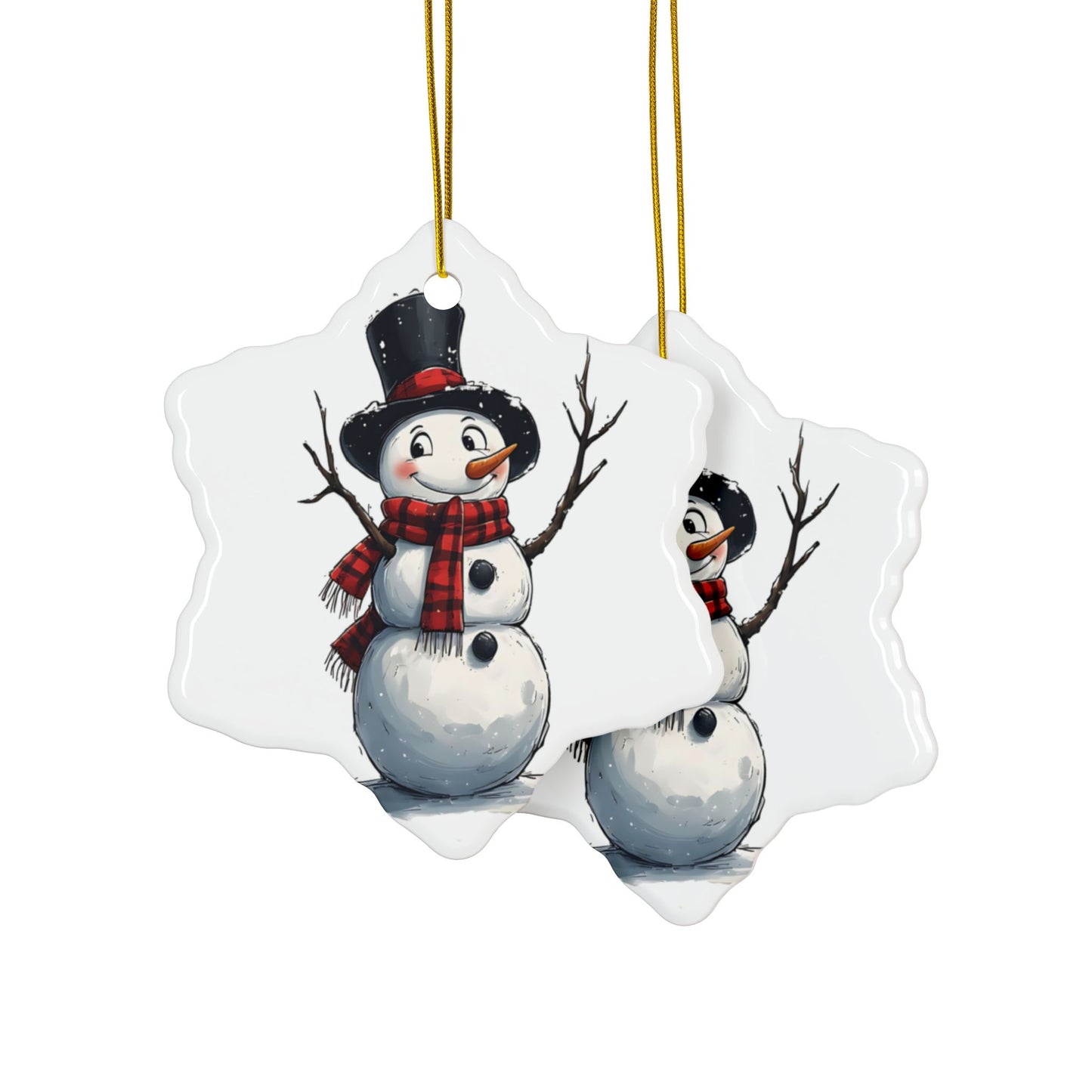 Snowman Ceramic Ornament — Cute 2-Sided Christmas Tree Decoration