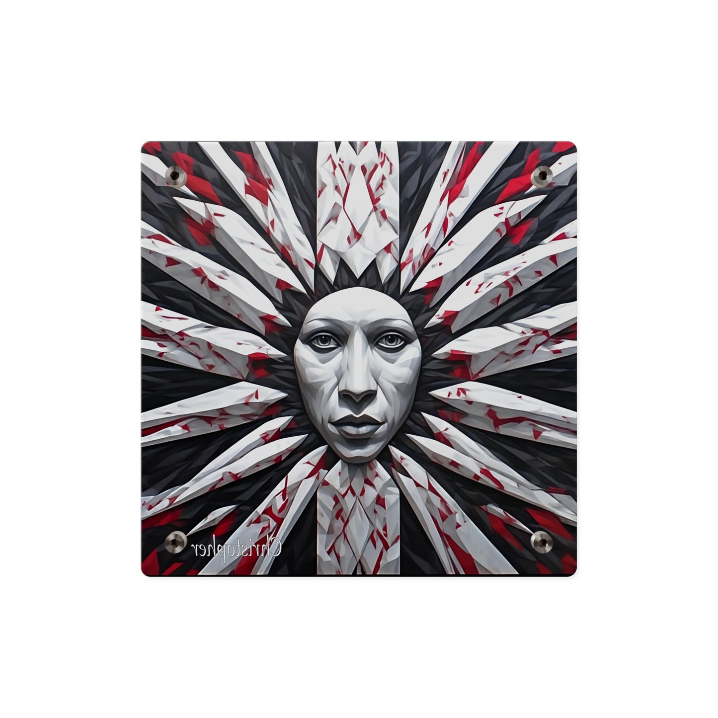 Acrylic Wall Art Panel — Surreal Sunburst Face with Red & Black Feather Design
