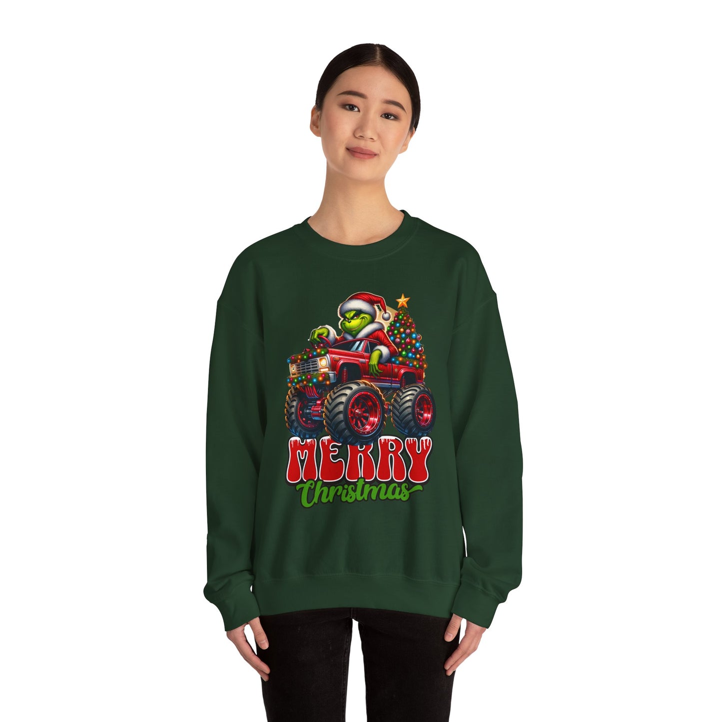 Christmas Monster Truck Sweatshirt — 'Merry Christmas' Grinch Driver Design