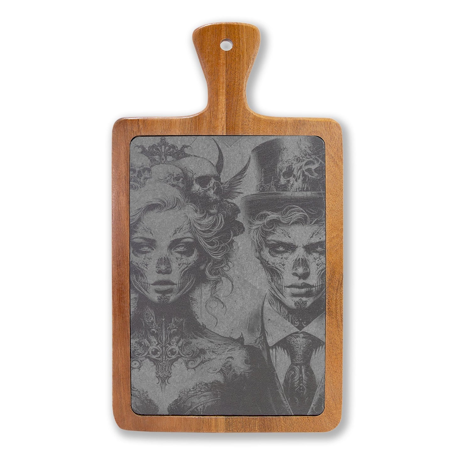Engraved Acacia Charcuterie Board with Gothic Couple Design