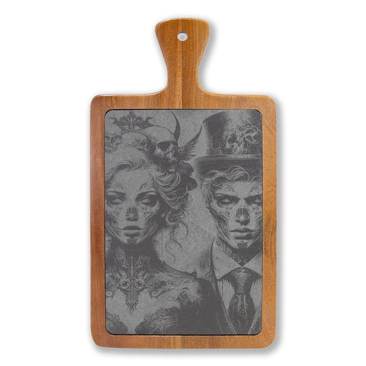 Engraved Acacia Charcuterie Board with Gothic Couple Design
