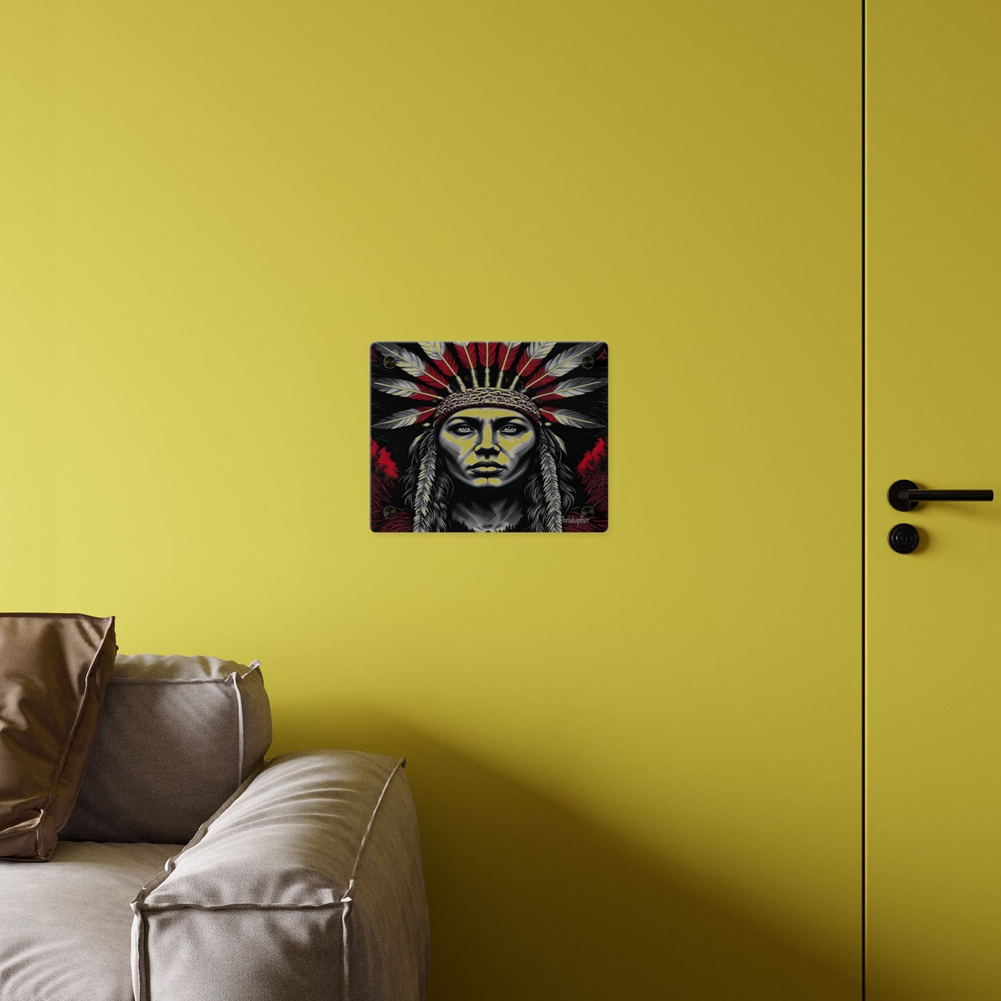 Acrylic Wall Art Panel — Bold Native Chief Portrait in Red & Black