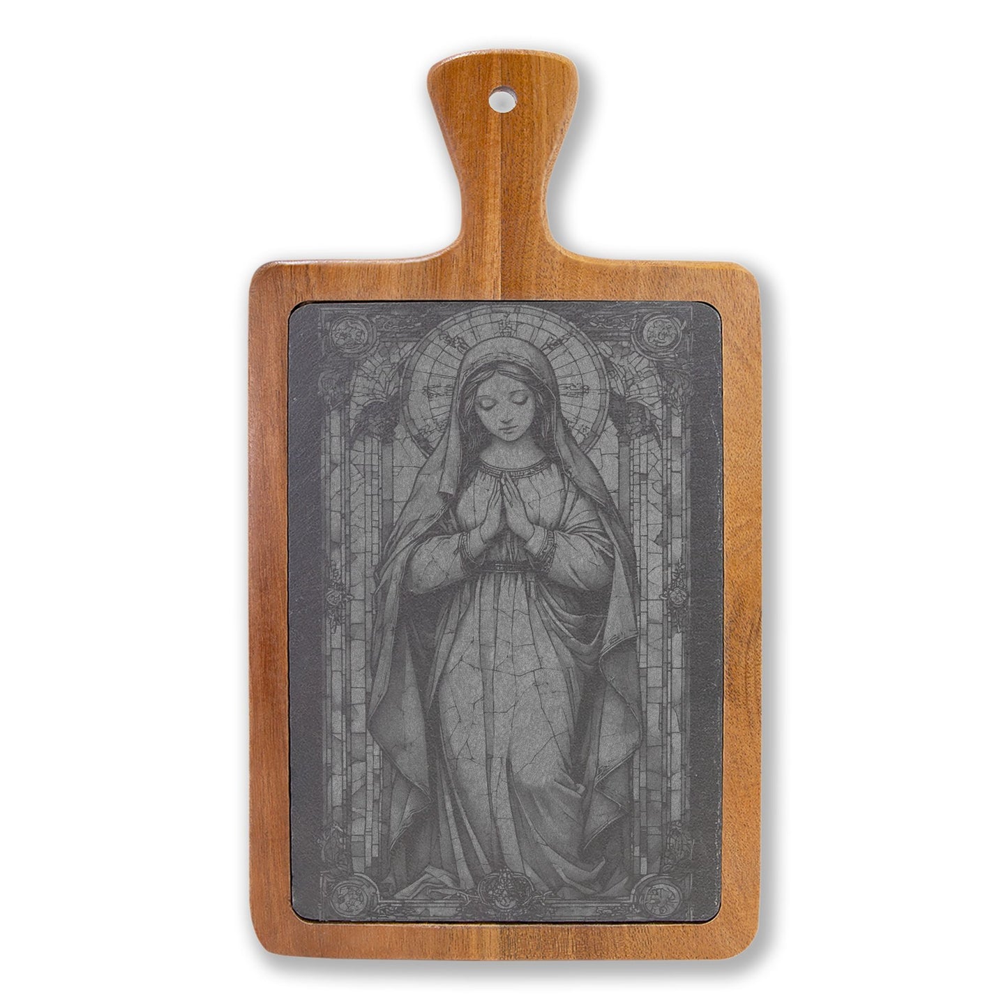 Engraved Virgin Mary Charcuterie Board with Marble Inlay — Religious Cheese Serving Set