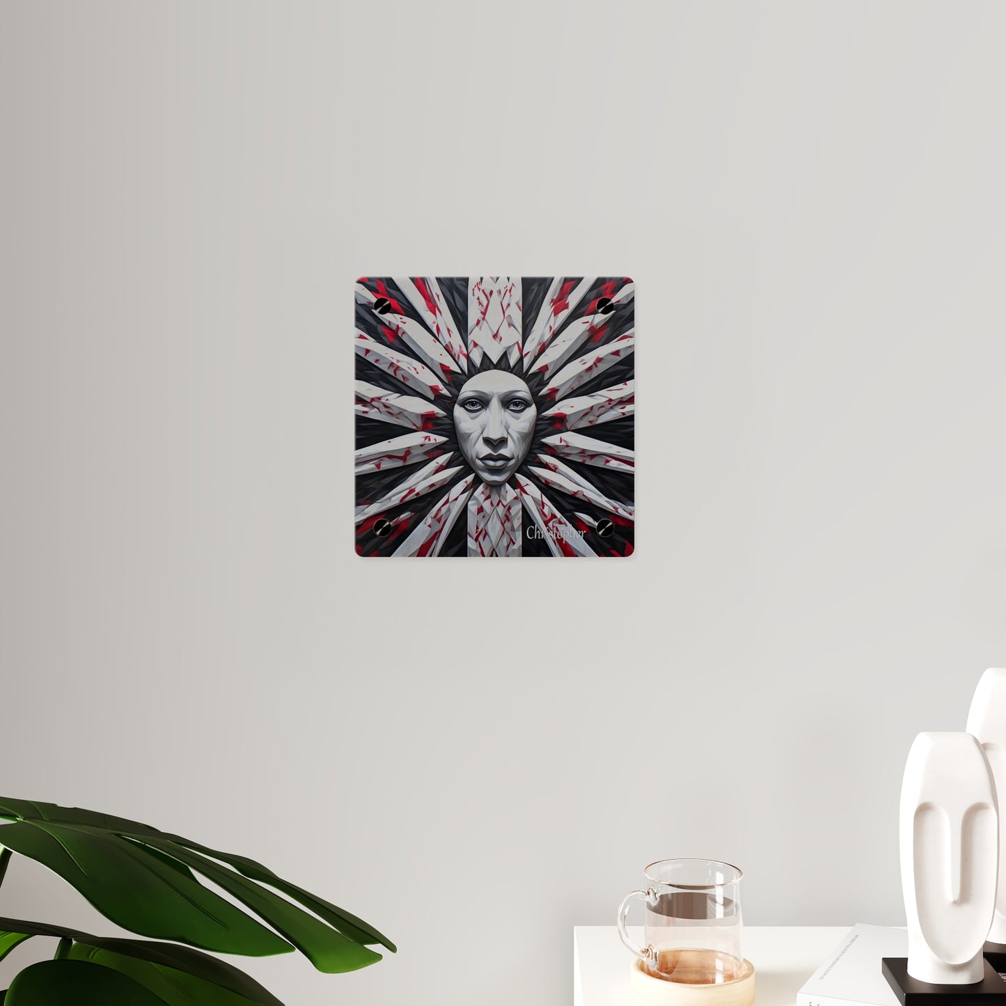 Acrylic Wall Art Panel — Surreal Sunburst Face with Red & Black Feather Design