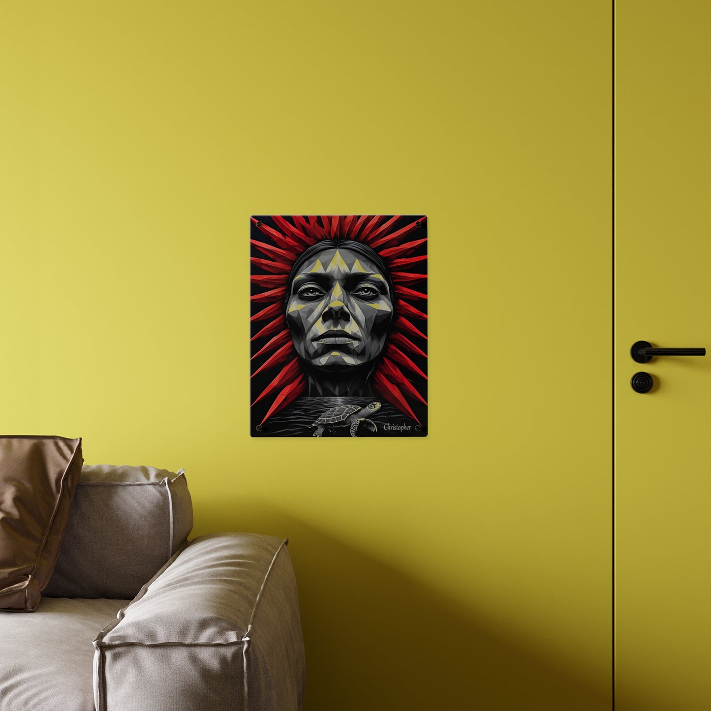 Acrylic Wall Art Panel — Geometric Tribal Face with Red Feather Headdress