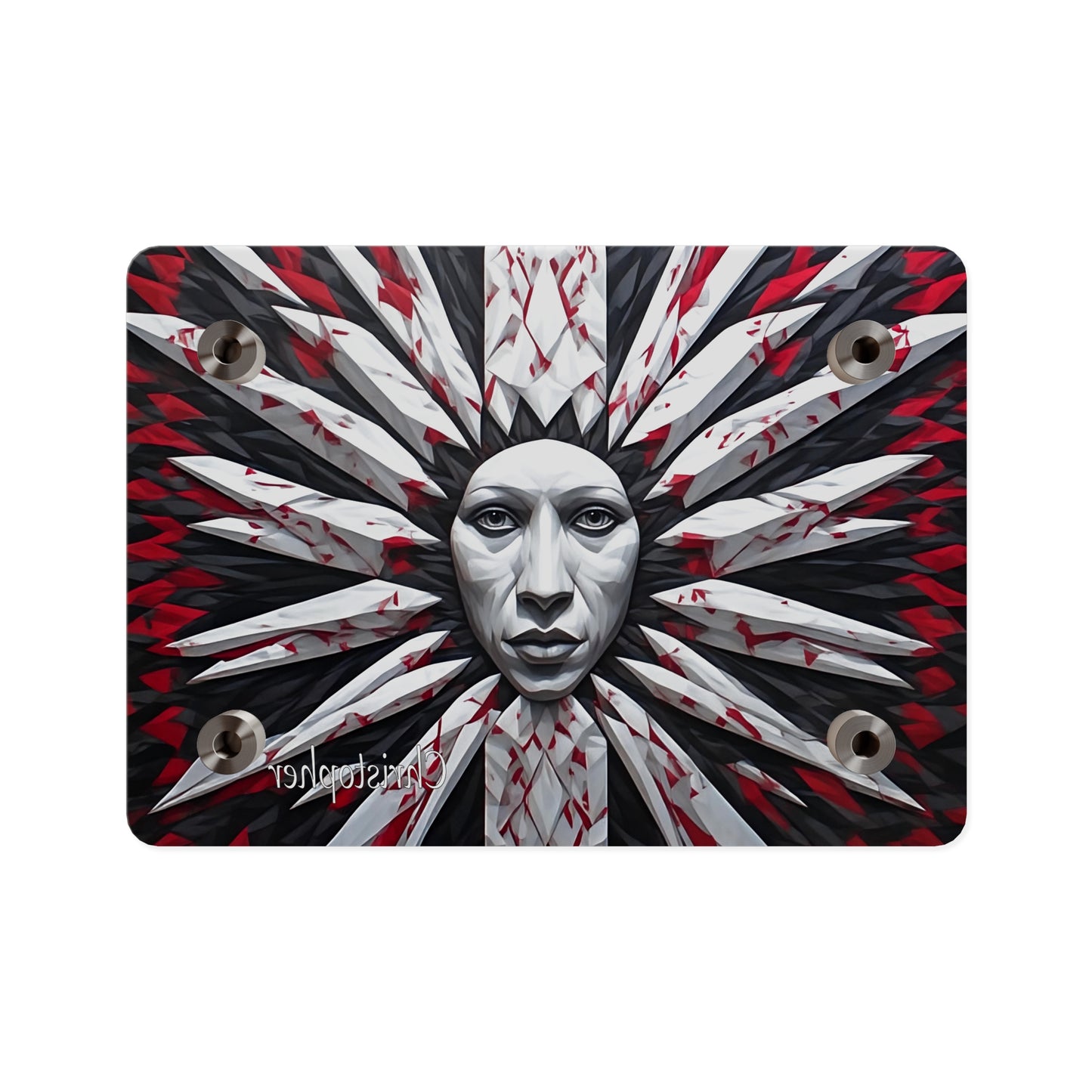 Acrylic Wall Art Panel — Surreal Sunburst Face with Red & Black Feather Design