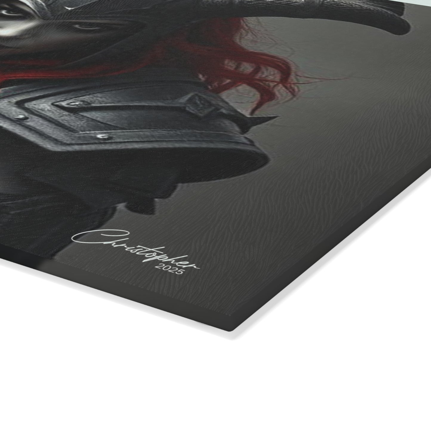 Gothic Glass Cutting Board - Dark Fantasy Design with Skull and Warrior