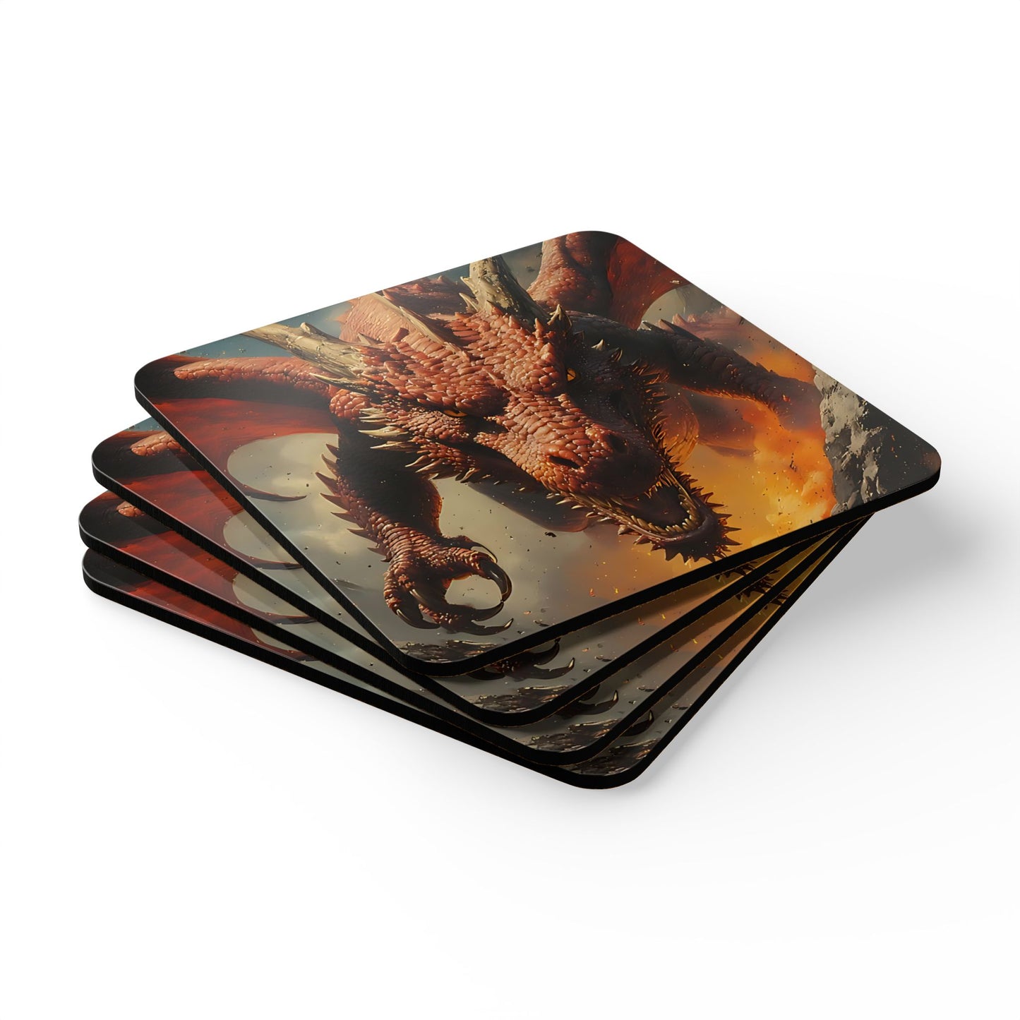 Dragon Corkwood Coaster Set — Fiery Fantasy Drink Coasters