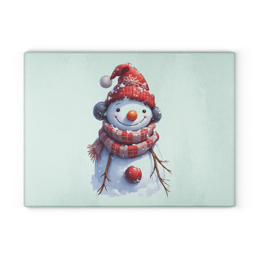 Winter Snowman Glass Cutting Board — Festive Holiday Kitchen Decor