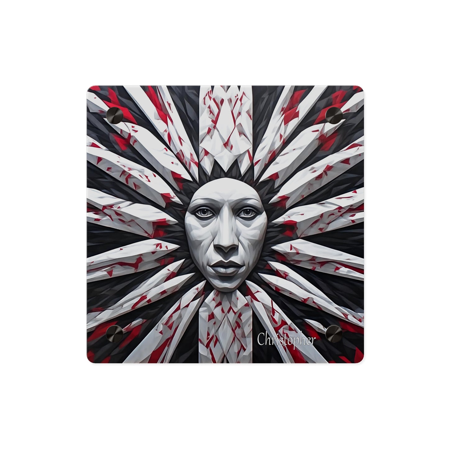 Acrylic Wall Art Panel — Surreal Sunburst Face with Red & Black Feather Design
