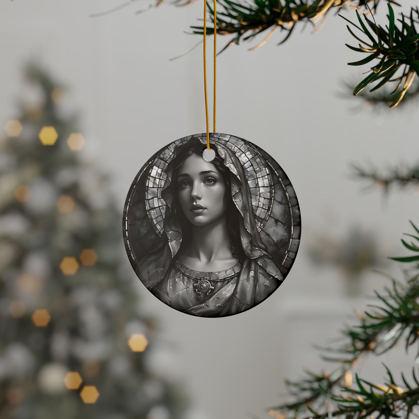 Virgin Mary Ceramic Ornament — Two-Sided Religious Christmas Keepsake