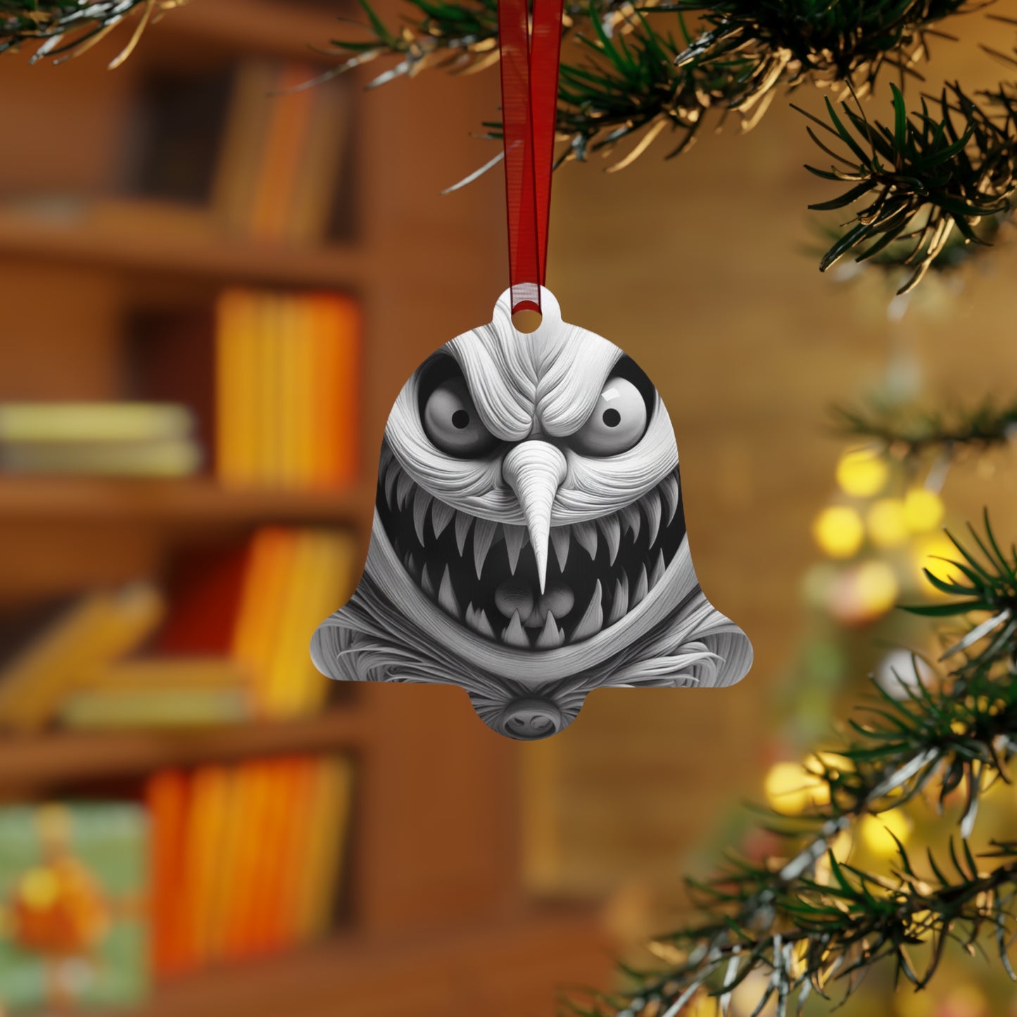 Creepy Grin Metal Ornament — Scary Christmas Bell Decoration