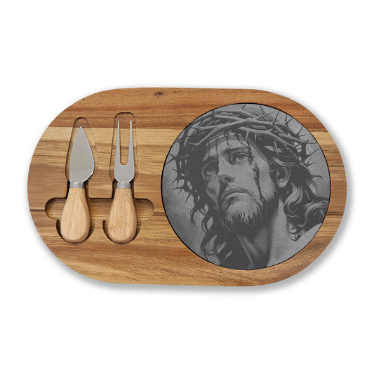 Engraved Jesus Charcuterie Board — Religious Acacia Serving Platter with Cheese Knives