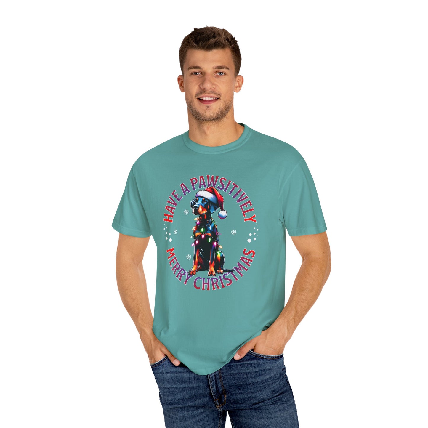 Christmas Dog T-Shirt  Doberman— "Have a Pawsitively Merry Christmas" Holiday Tee