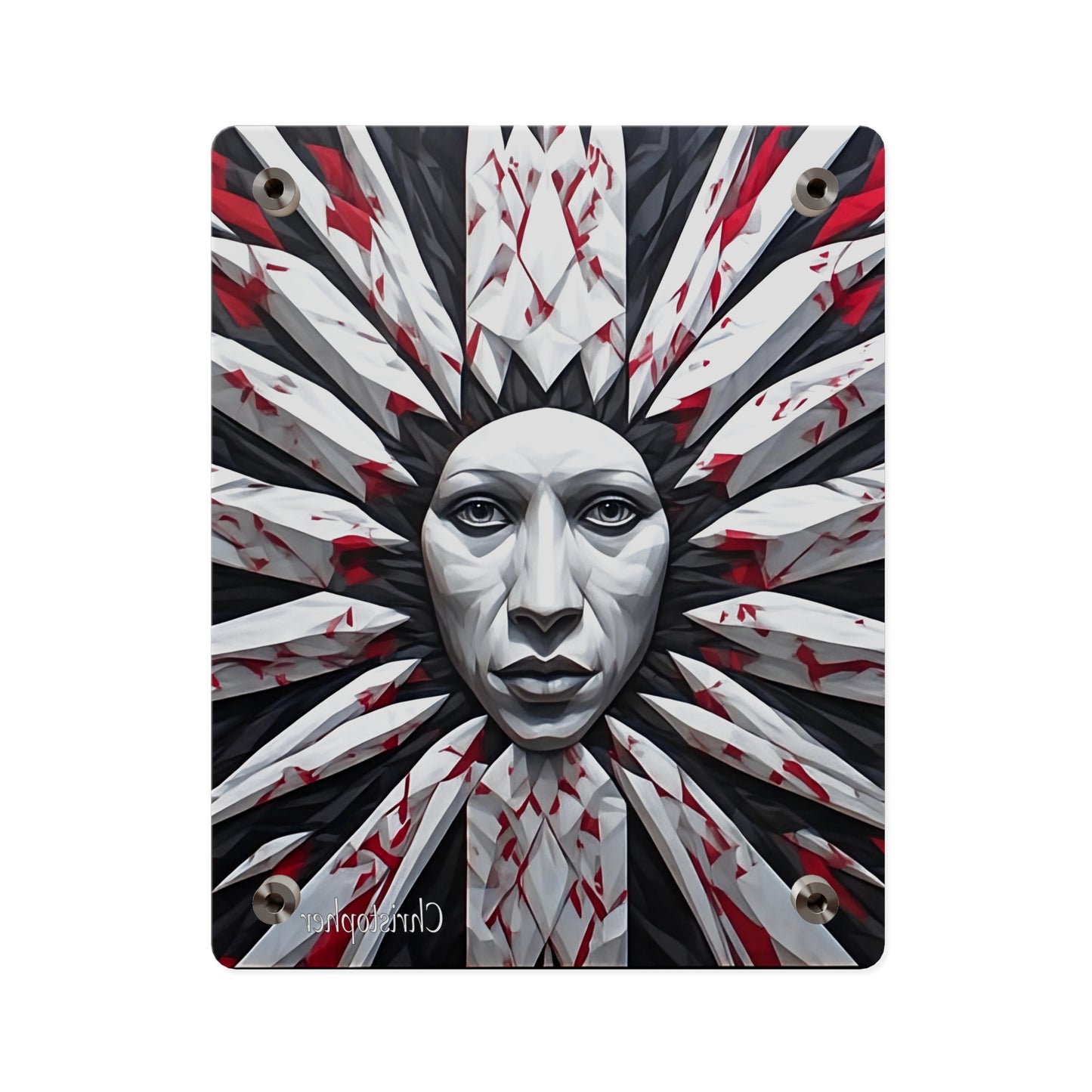 Acrylic Wall Art Panel — Surreal Sunburst Face with Red & Black Feather Design
