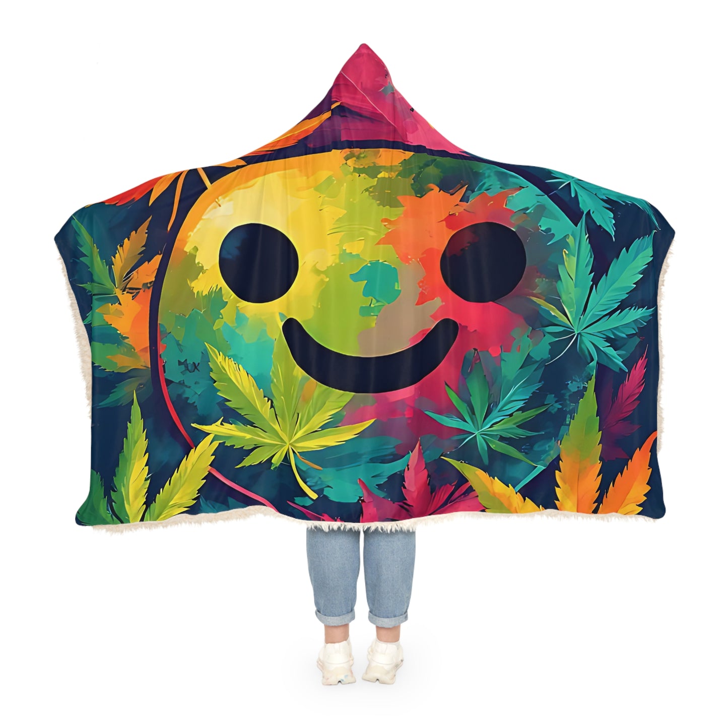 Hooded Blanket — Rainbow Smiley with Cannabis Leaf Cozy Throw