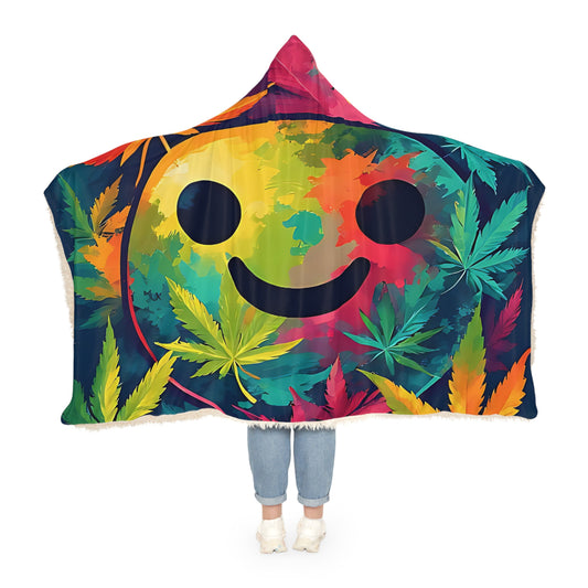 Hooded Blanket — Rainbow Smiley with Cannabis Leaf Cozy Throw