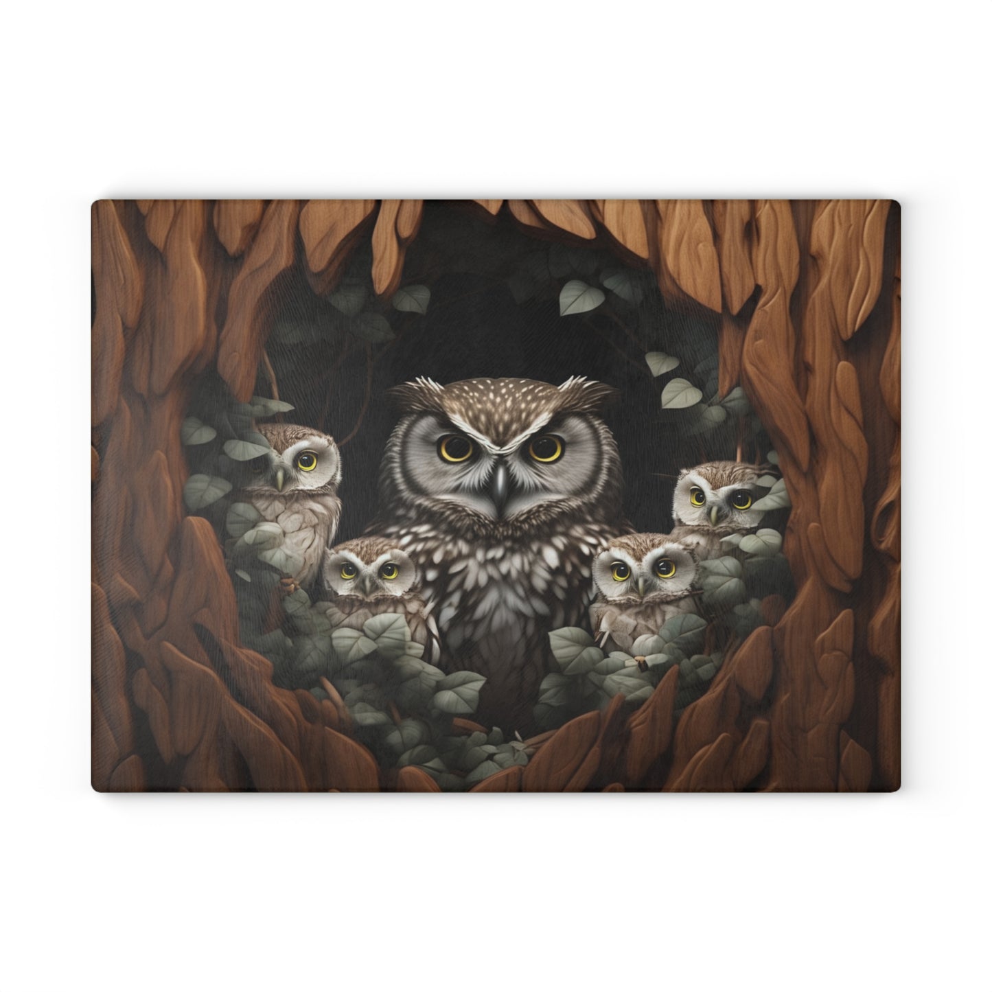 Owl Family Glass Cutting Board, Artistic Kitchen Decor, Gift for Animal Lovers, Nature-Inspired Home Accent, Unique Culinary Gift