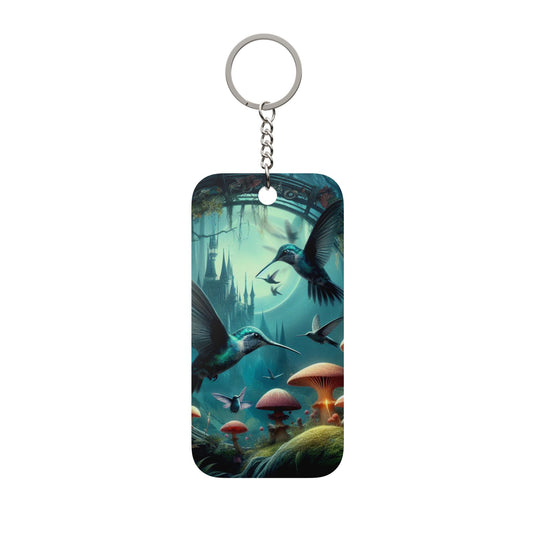 Fantasy Hummingbird Keychain — Double-Sided Mushroom Forest Charm
