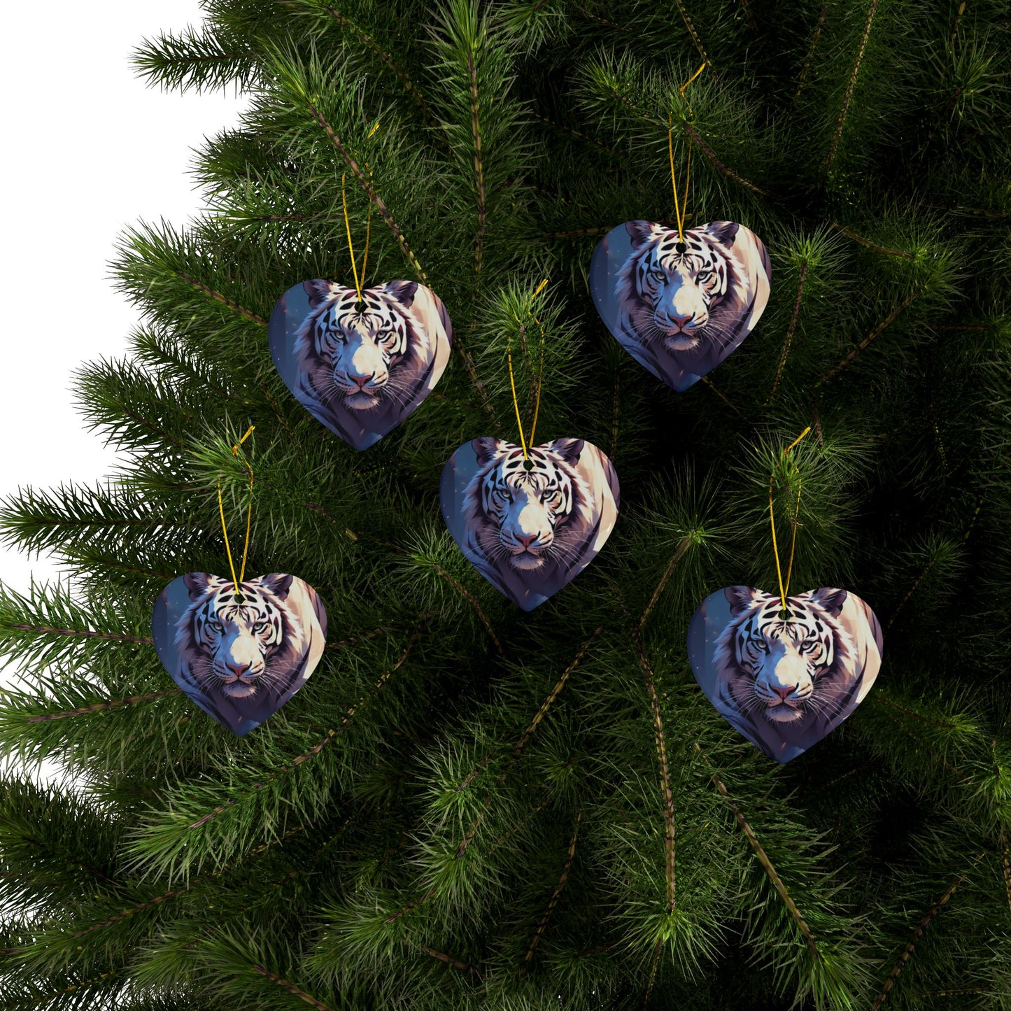 White Tiger Ceramic Ornament — Double-Sided Wildlife Holiday Decoration