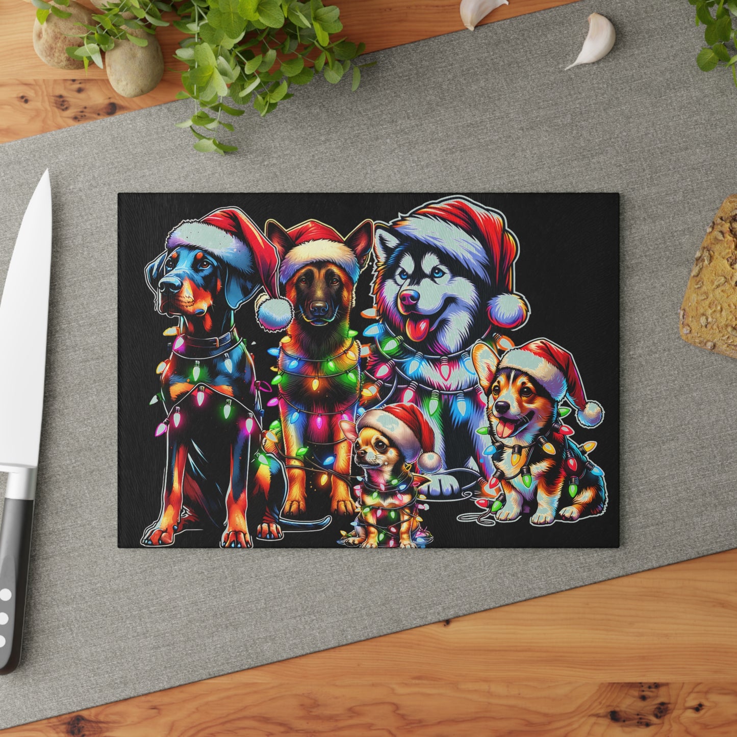Christmas Dogs Glass Cutting Board — Festive Santa Hats & Holiday Lights