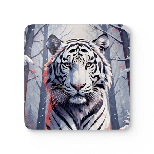 White Tiger Cork Coaster Set — Winter Forest Wildlife Drink Coasters (4-Pack)
