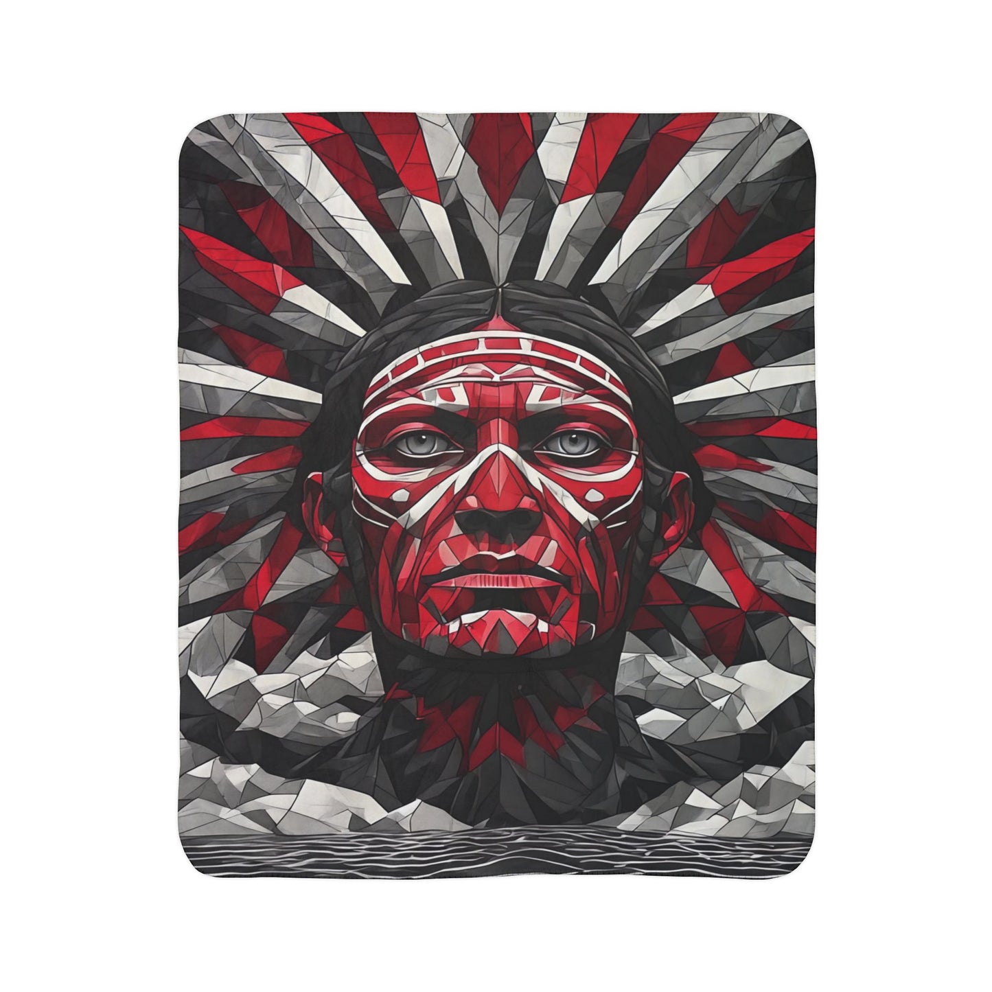 Tribal Headdress Fleece Sherpa Blanket — Bold Red & Gray Geometric Native-Inspired Design