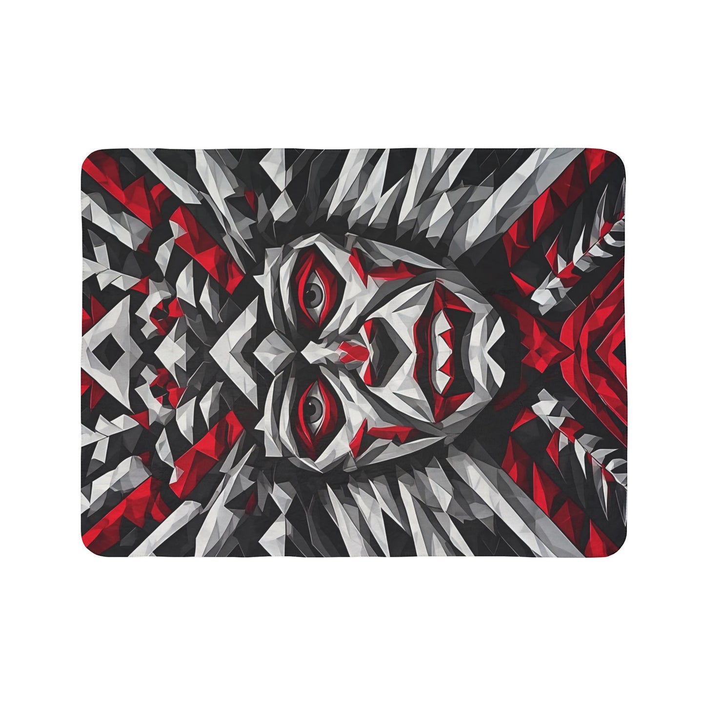 Geometric Tribal Mask Sherpa Blanket — Bold Red & Gray Abstract Face Throw