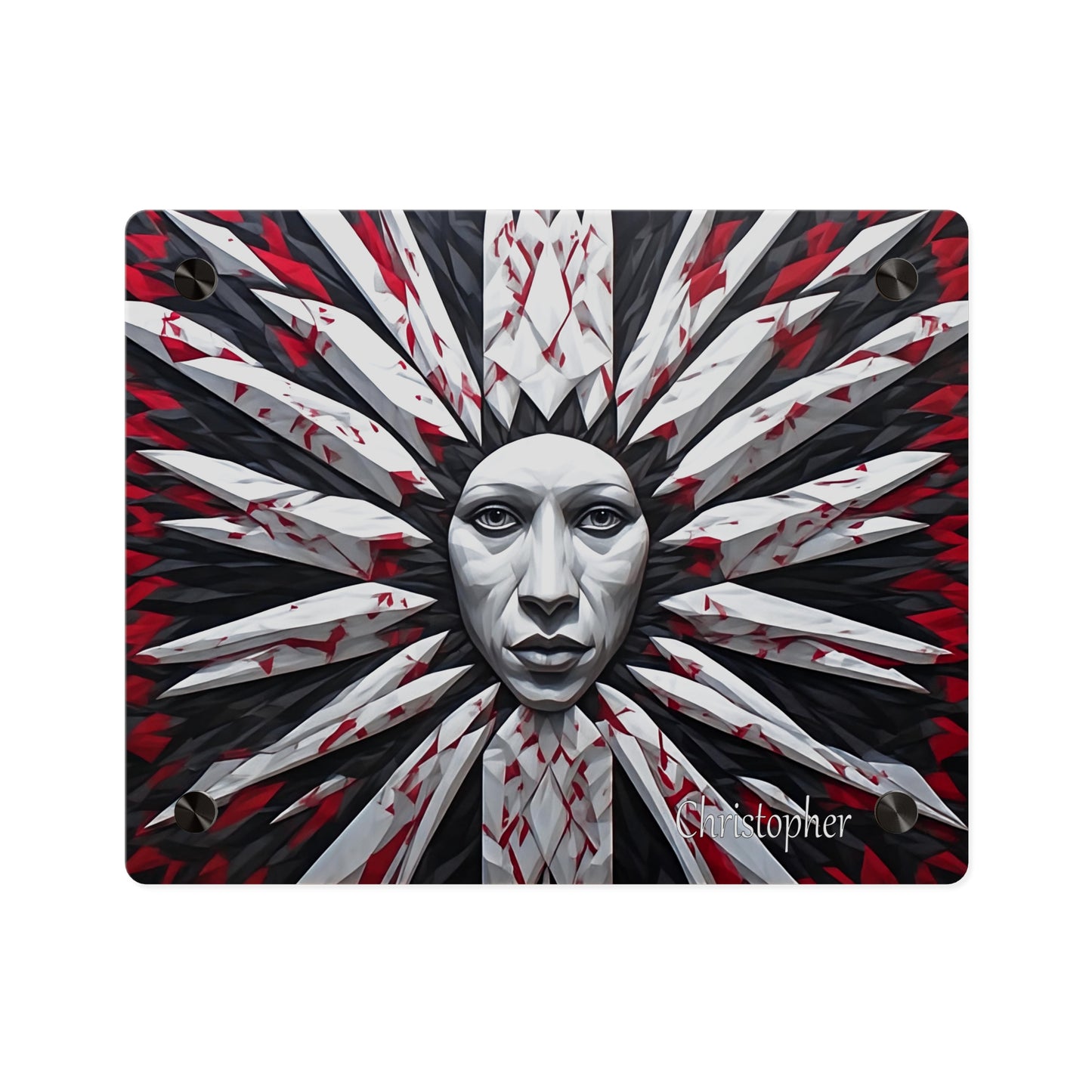 Acrylic Wall Art Panel — Surreal Sunburst Face with Red & Black Feather Design