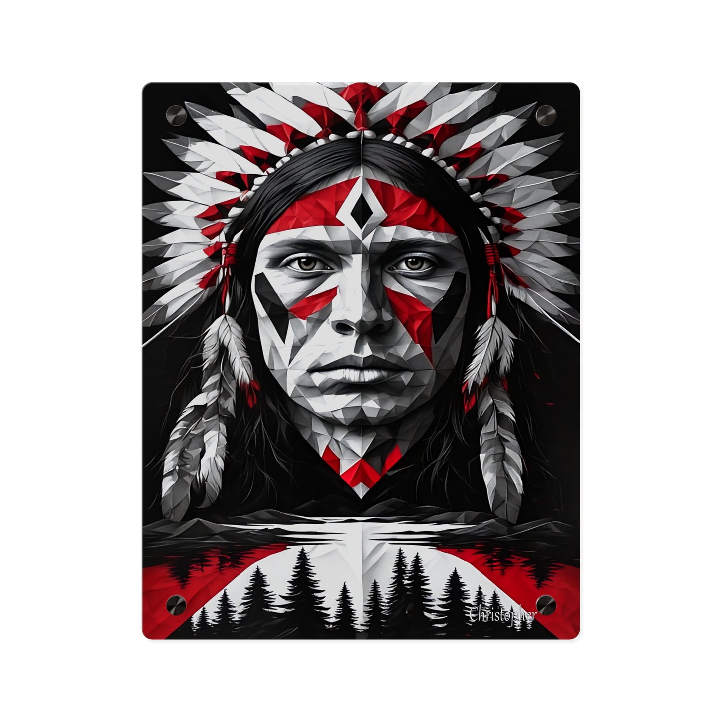 Acrylic Wall Art Panel — Geometric Indigenous Warrior Portrait (Red & Black)