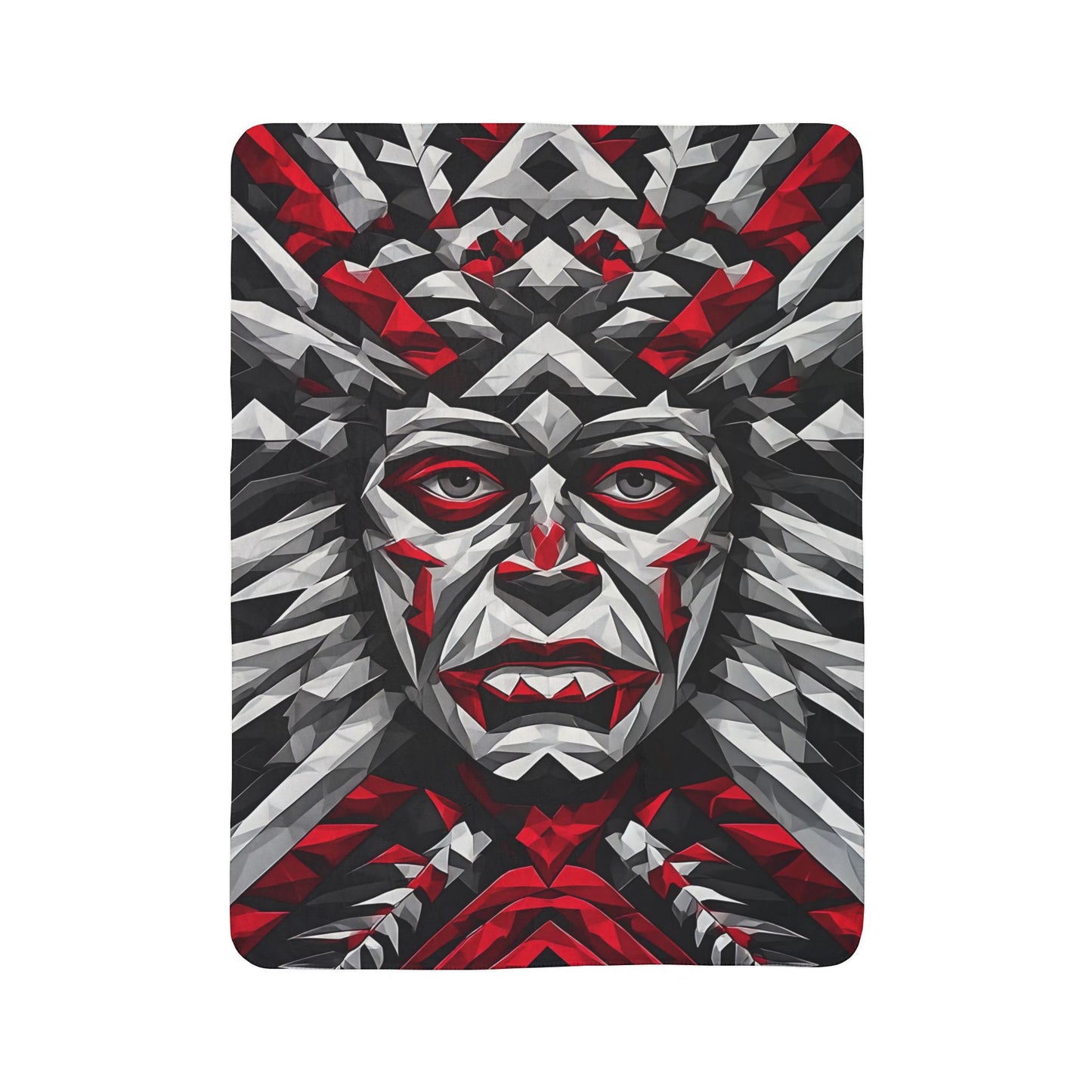 Geometric Tribal Mask Sherpa Blanket — Bold Red & Gray Abstract Face Throw