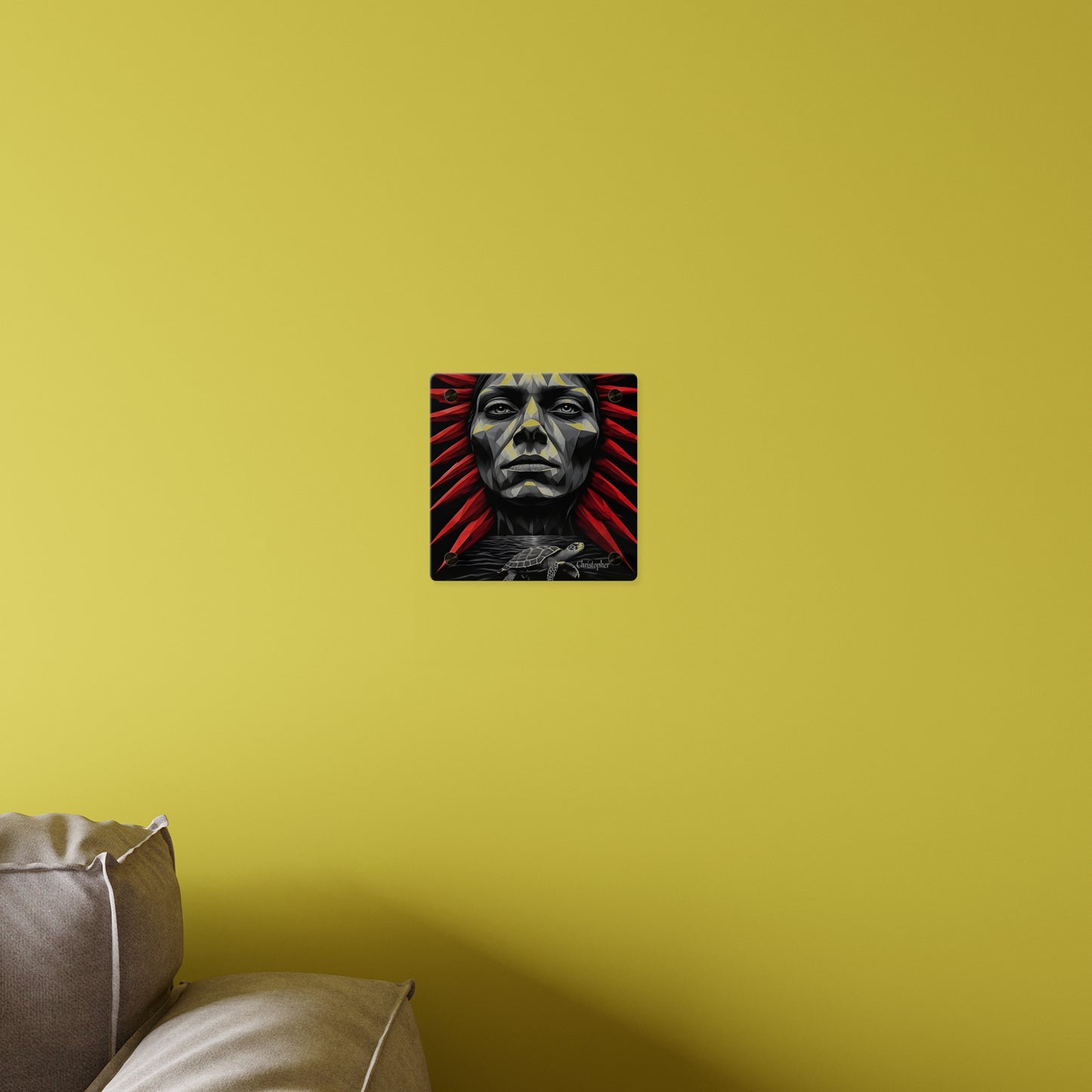 Acrylic Wall Art Panel — Geometric Tribal Face with Red Feather Headdress